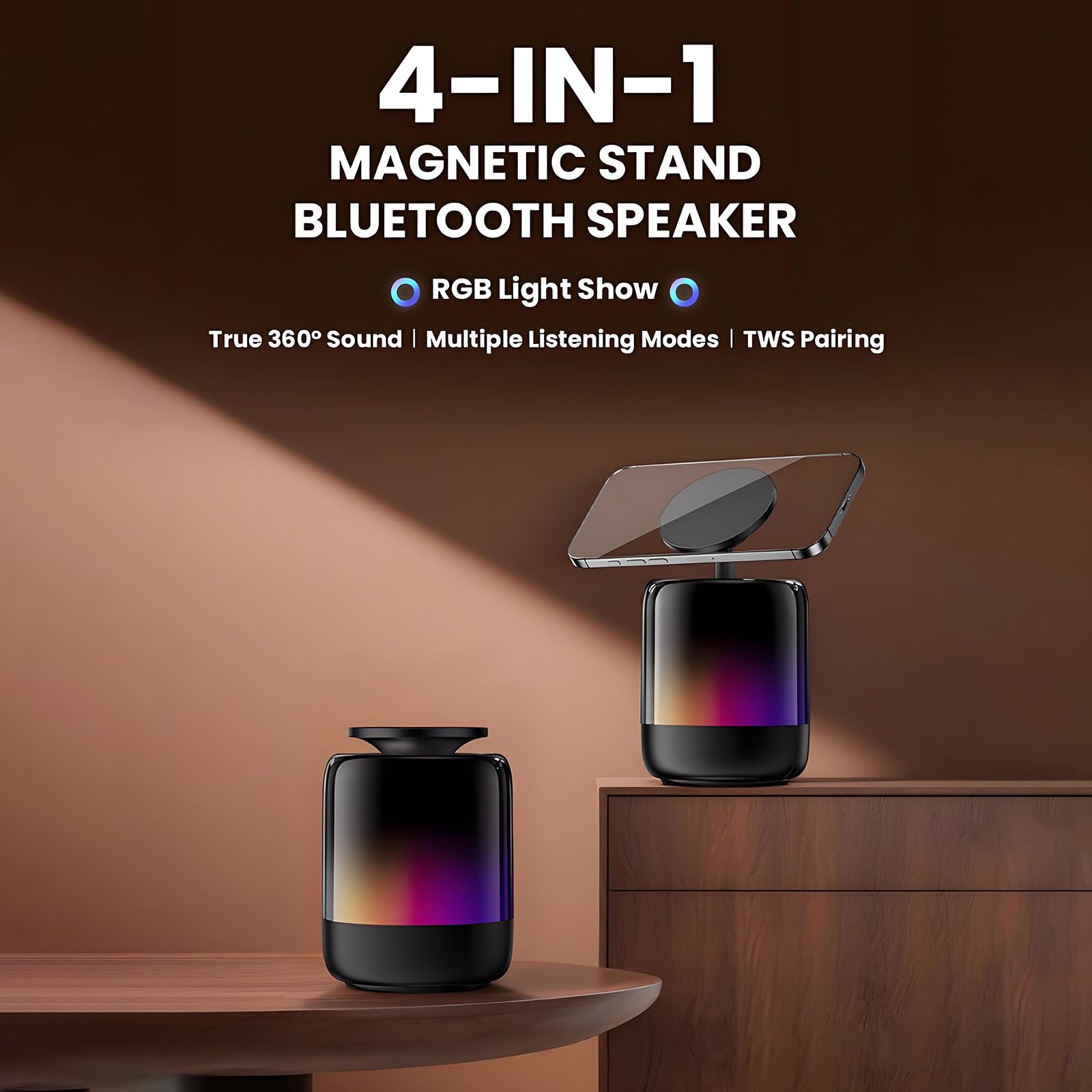 Altoparlante magnetico Bluetooth, altoparlante magnetico con luce RGB da 600 mAh, supporto magnetico per telefono N52, set di luce notturna da 12 ore, suono a 360°, tipo C, scheda TF
