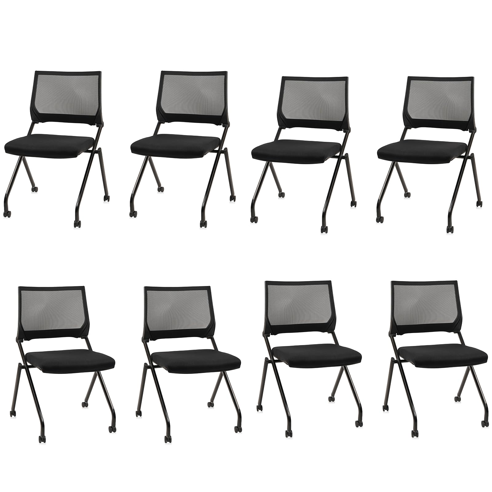 CLATINA Stackable & Foldable Waiting Room Chairs, Conference Room Chairs with Wheels & Lumbar Support, Ergonomic Mesh Bouncing Back Folding Chair for Office Meeting Schools Training, Black, 8PK