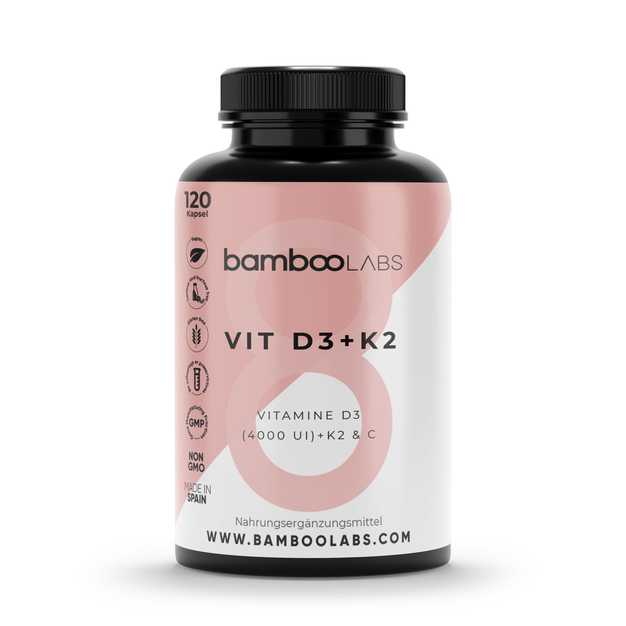 Bamboo Labs - Vitamina D3 y K2 + Vitamina C, 120 Cápsulas de Vitamina D3 4000 UI, Ayuda al Sistema Inmunológico y Favorece el Sistema Nervioso y Óseo