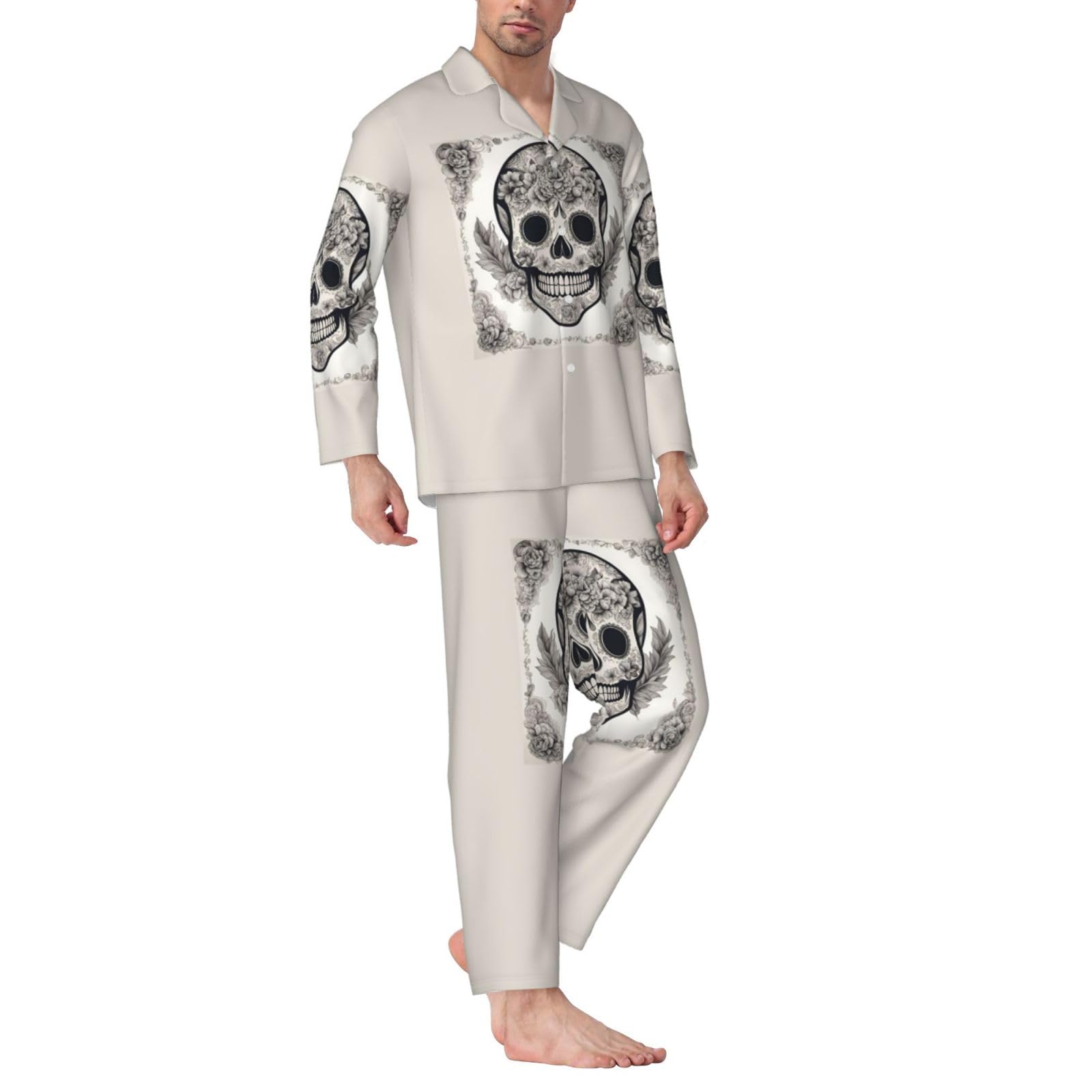 Herren-Pyjama-Set, mexikanischer Totenkopf-Druck, langärmelig, zweiteilig, Hauskleidung, bequeme Nachtwäsche