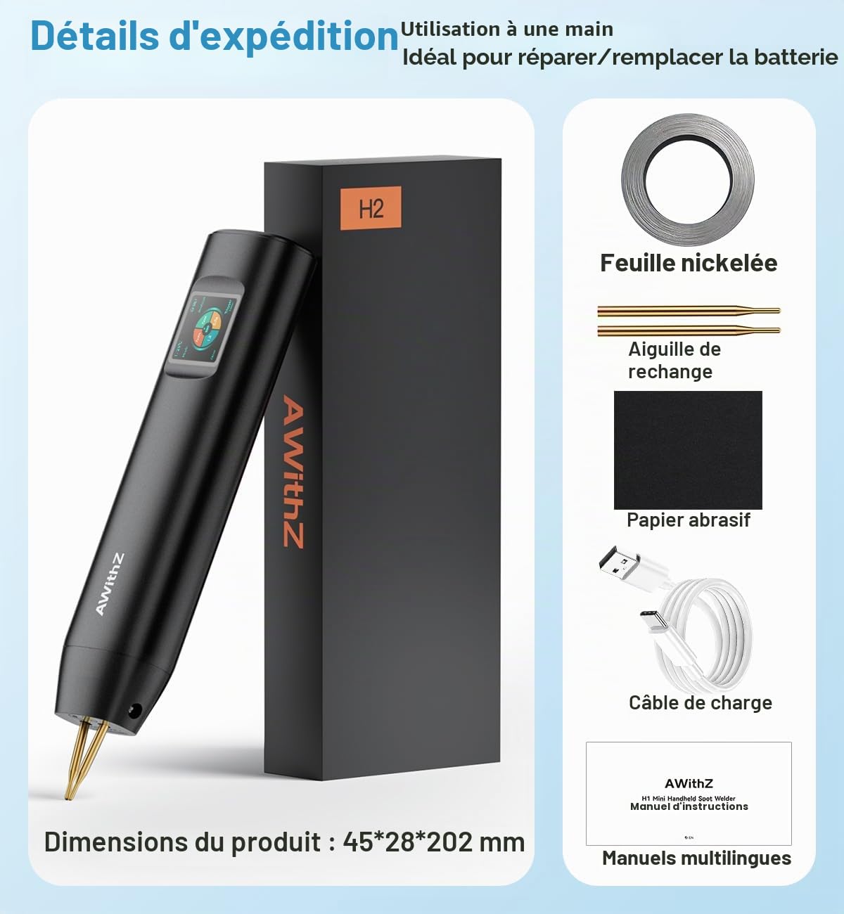 Soudeuse par points portative H2 pour batteries 18650 avec écran LCD de 1,5 pouce, 99 niveaux réglables, modes automatique/manuel, interface utilisateur en 7 langues
