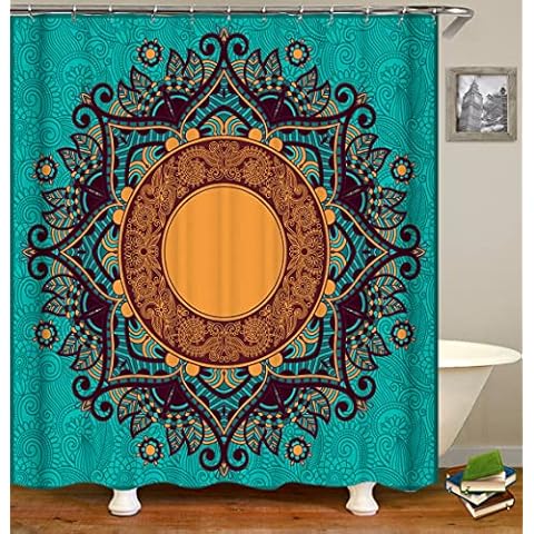 Fabric Shower Curtain, Boho Mandala Green Background Illustration Polyester Designer Cloth, Print Decorative Bathroom Curtains Include Hooks Set(72〃w by 72〃L) (WJ658) Cover