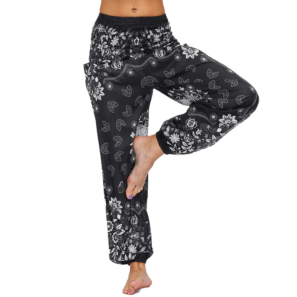 Nuofengkudu Pantaloni Harem Estivi Thai Aladin Stile Boho Vintage Stampa Vita Alta con Tasconi Yoga Pants Beach