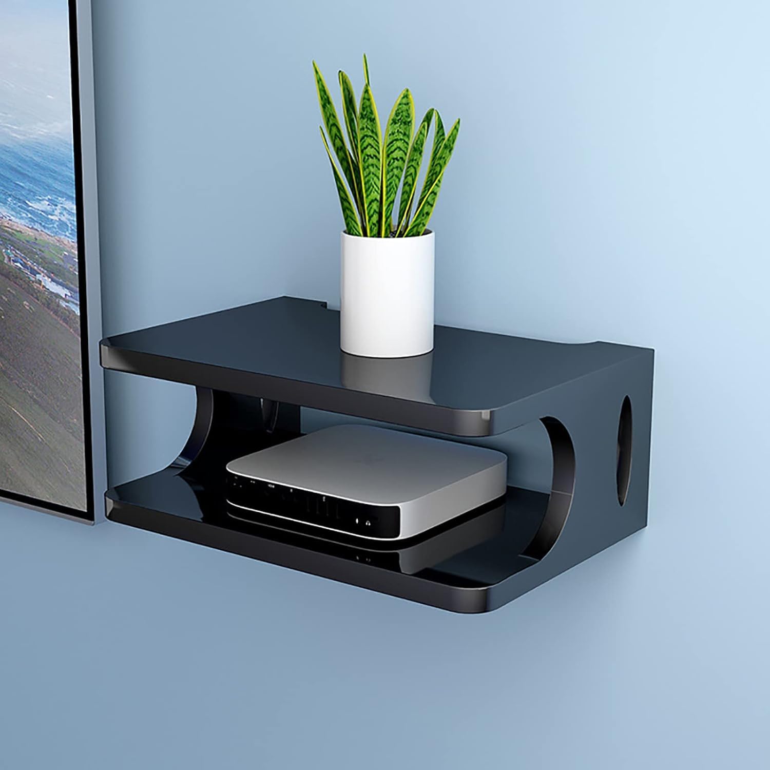 Supporto da parete per TV, console multimediale in legno per router, lettore DVD, TV Box, telecomandi e WiFiModern, soluzione di archiviazione per l'intrattenimento domestico