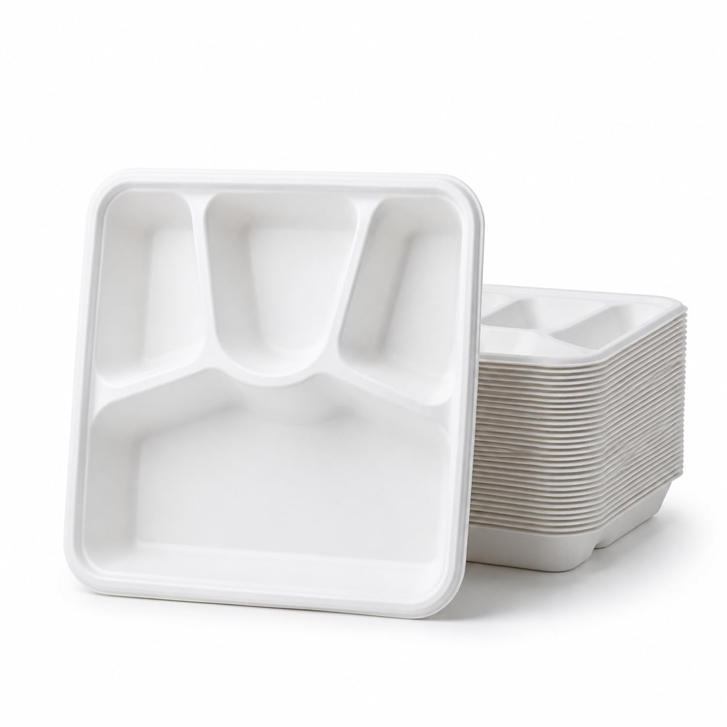 Bonkaso 4 Compartment Bagasse Square Meal Tray Pack of 25 | Disposable Sugarcane Plates | Eco-Friendly & Plastic-Free | Heavy Duty, Microwave Safe Food Serving Trays for Parties, Events & Catering