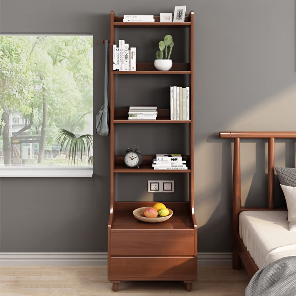Estantería de madera de nogal de 71 pulgadas de alto, estante abierto de madera con cajones y 4 estantes para dormitorio, mesa auxiliar de cama, mesita de noche 7