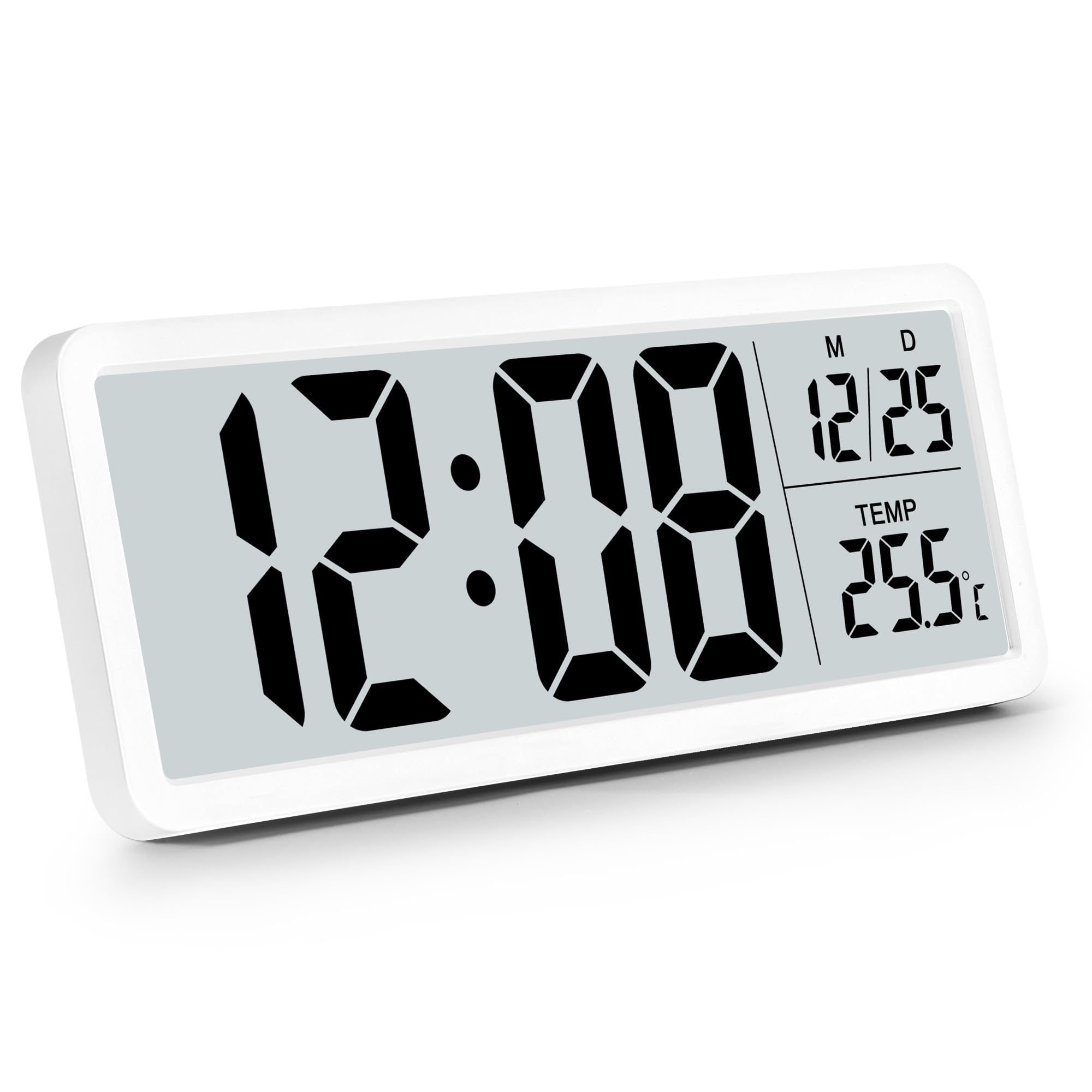 Sukeen Digital Wall Clock Battery Operated With Big Digits, Temperature, 12/24 Hr - Desk Clock for Living Room, Bedroom, Office, School, Garage, Warehouse - White
