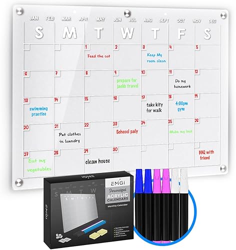 EmGi Calendario mensual magnético acrílico de borrado en seco para refrigerador, juego transparente con 6 imanes, 6 marcadores, soportes de pared, 2