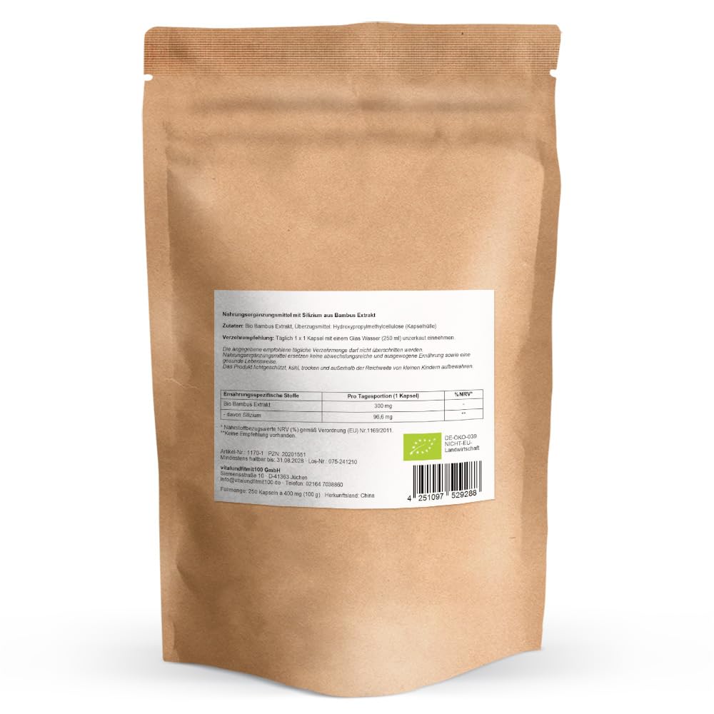 vitalundfitmit100 Bio Bambus Extrakt - 250 Kapseln hochdosiert - vegan - glutenfrei - Deutsche Herstellung