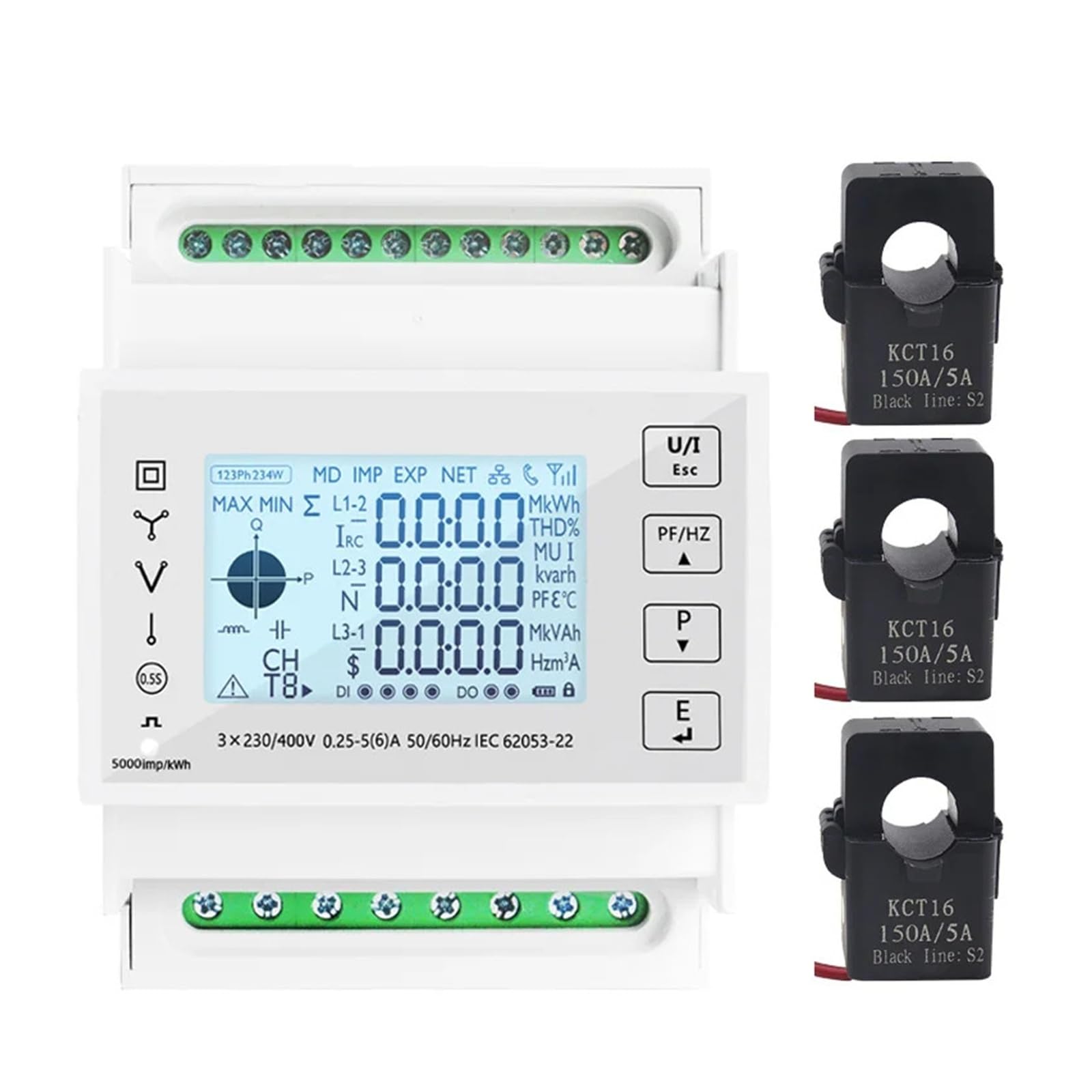 Licznik energii elektrycznej Trójfazowy monitor energii na szynie DIN, miernik mocy, kWh, amperomierz z 3 szt. RS485 Modbus 50/100/15/200CT 230VAC (miernik 3 szt. 150 A CT)