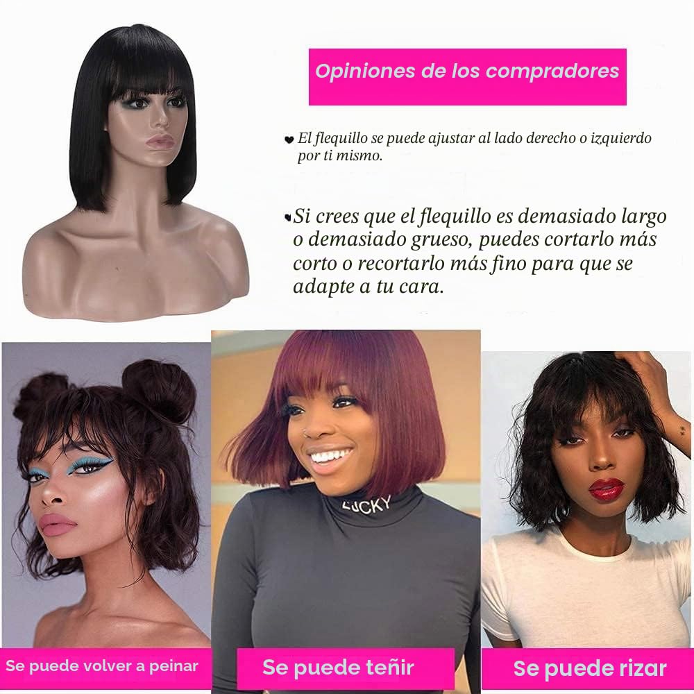 Peluca Mujer Pelo Corto Bob con Flequillo Cabello Humano Pelucas Brasileñas No Lace Bob Wig Human Hair 8 Inch