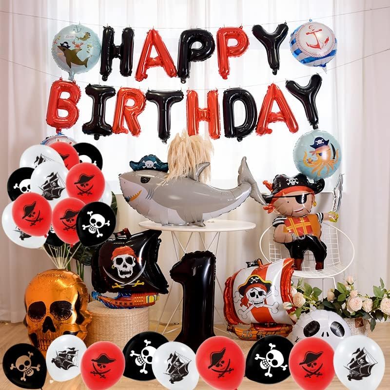 Miniatura 3 de Globos de fiesta de piratas caribeños, blanco, negro y rojo, ramo de globos de látex para decoración de fiesta de cumpleaños temática náutica, 12