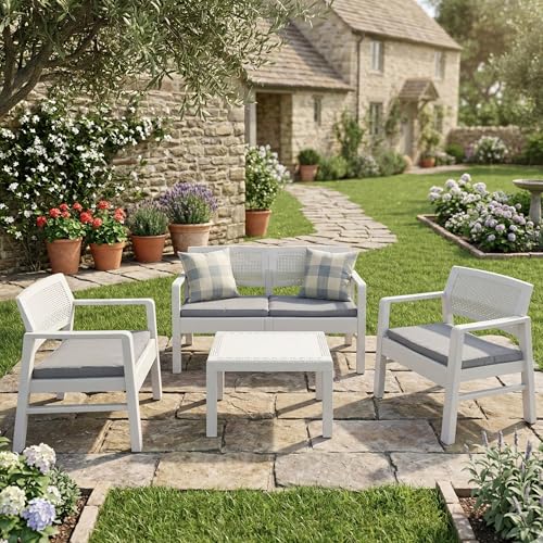 Dmora - Ensemble de salon d'extérieur Carpi, Composition de jardin avec 2 fauteuils, 1 canapé et 1 table basse, Salon effet rotin avec coussins, 100% Made in Italy,...