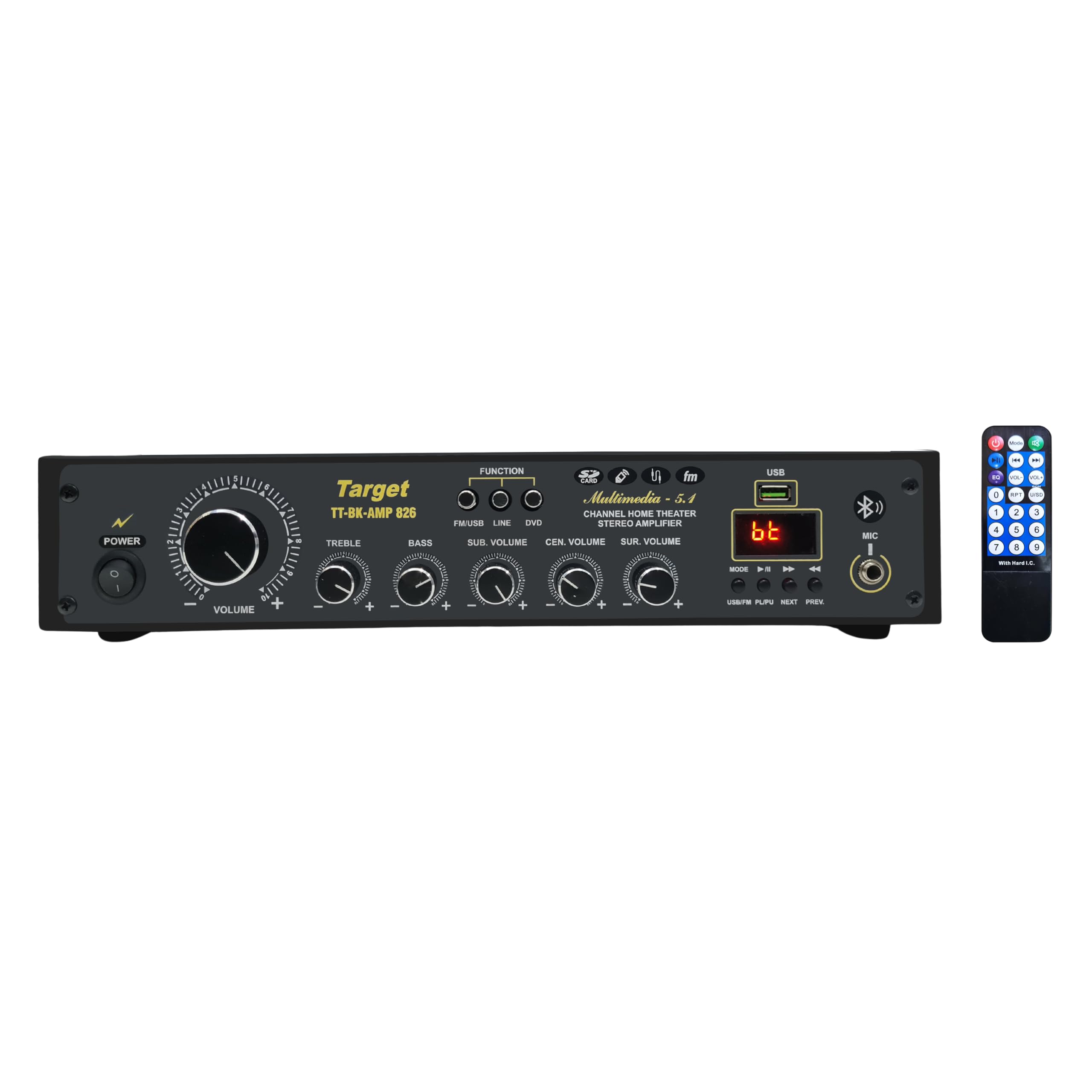 TARGET TT-BK-AMP 826 Amplifier RMS 300 Watts 5.1 Channel Surround Six Tracks Stereo Amplifer Usb, Bluetooth, Av, MIC