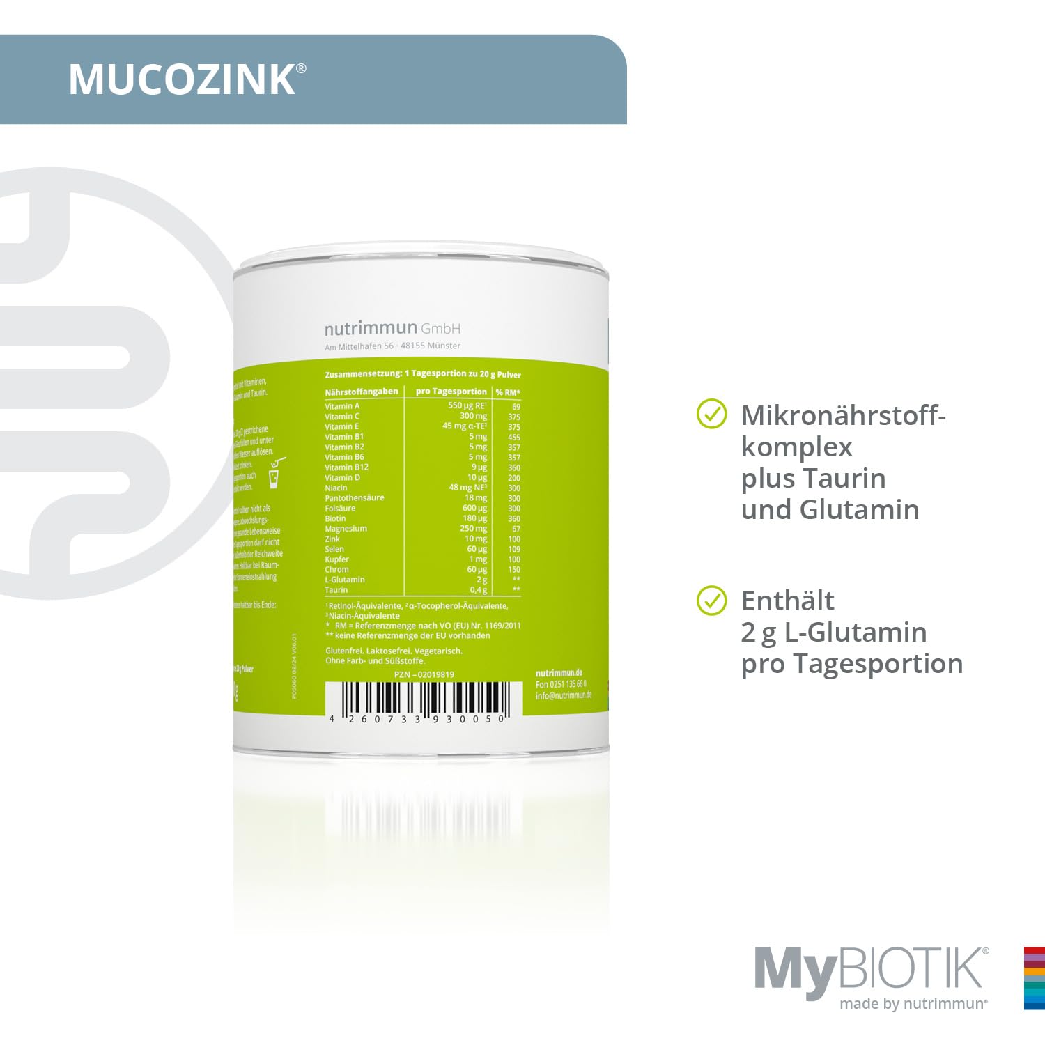 MUCOZINK® I made by nutrimmun I Für 30 Tage I Umfassender Mikronährstoffkomplex I Vitamine I Mineralstoffe I 2g L-Glutamin I Taurin I Pulver I Vegetarisch I Glutenfrei I Laktosefrei I Laborgeprüft