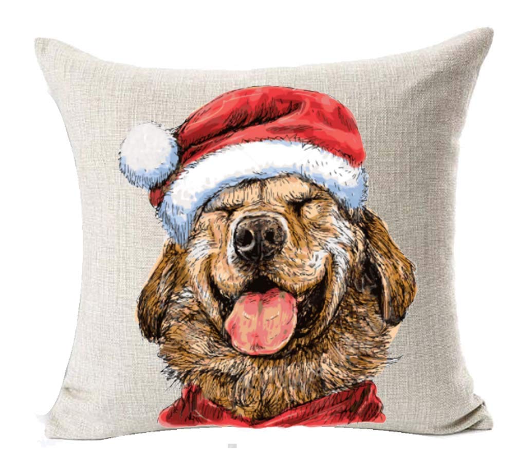 SPXUBZ Christmas Throw Pillow Cover Happy Golden Retriever Red Santa Hat Dog Style Linen Square Pillowcase Home Decor Cushion for Sofa Bed Chair Couch