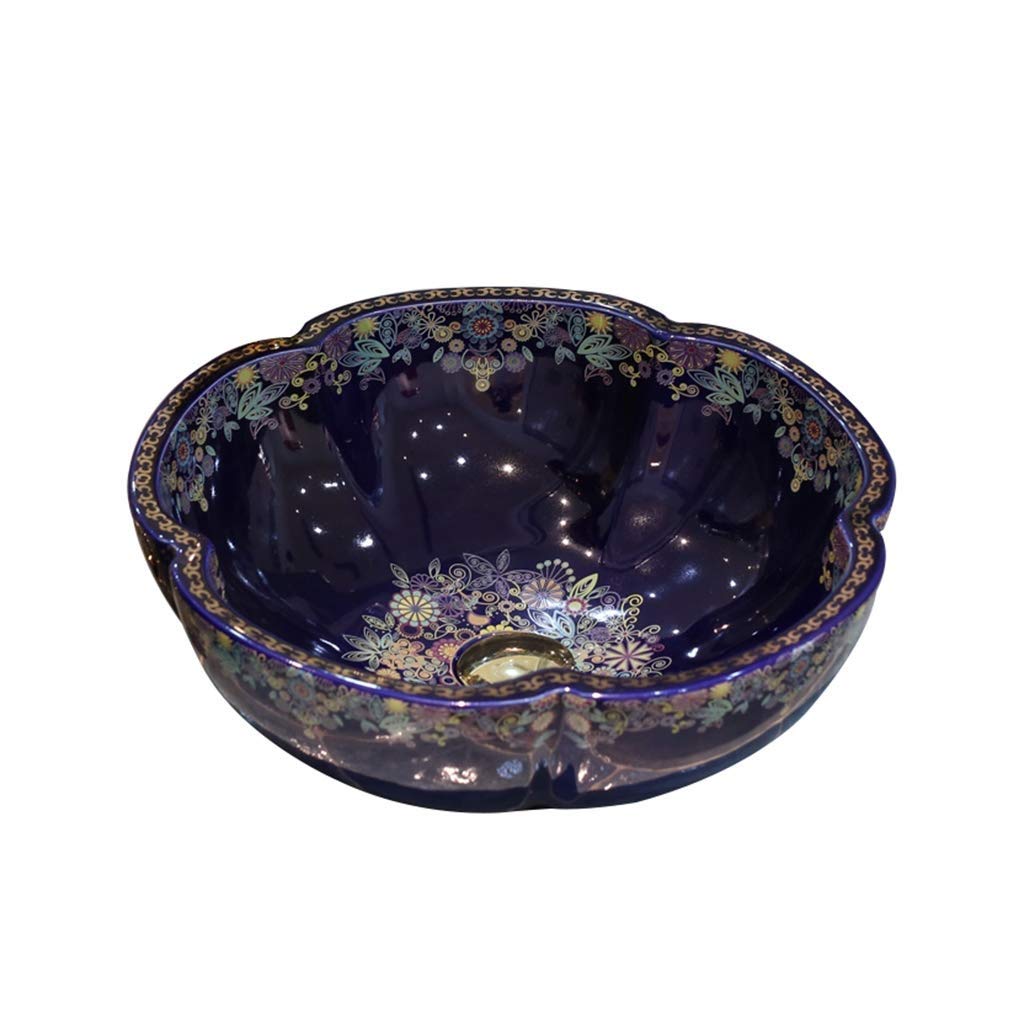 WOTZOV Bathroom Vessel Sink Above Counter Countertop Porcelain Ceramic Bowl Vanity Sink European Ceramic Petal Shaped Counter Basin,