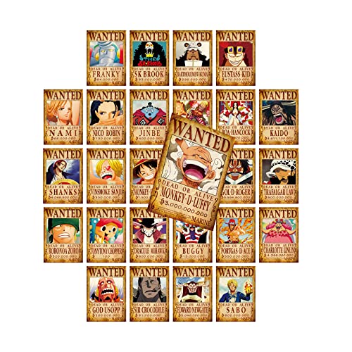 Générique 25 pièces d'affiches de recherche de pirates au chapeau de paille d'anime 11,2 x 7,8 pouces ensembles de collage mural Luffy Gear 5 pour la décoration de chambre pour garçons et adolescents