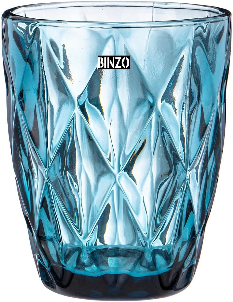 BINZO Color Water Glasses, Set of 6, 300 ml, Textured Blue Colored Glassware, Drinking Tumbler Glass for Juice, Drinks, Home, Kitchen, Beverage, Gift (Blue, Small, 300 ml, Set of 6)