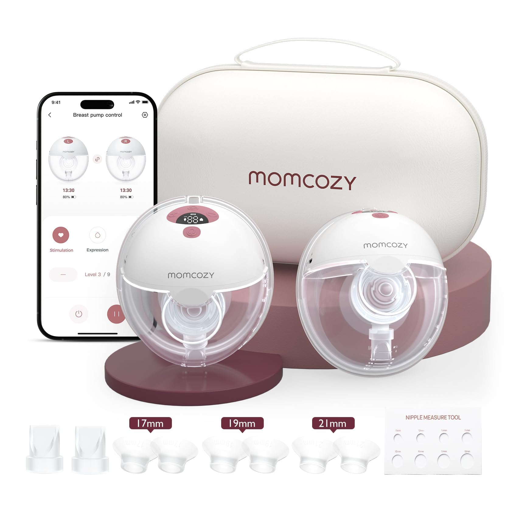 Momcozy Tiralatte Elettrico Indossabile M5 con App, Tiralatte Indossabile Della Bocca del Bambino Flangia a Doppia Tenuta con 3 Modalità e 9 Livelli, Tiralatte Elettrico Portatile, 24mm (2, Rosso)