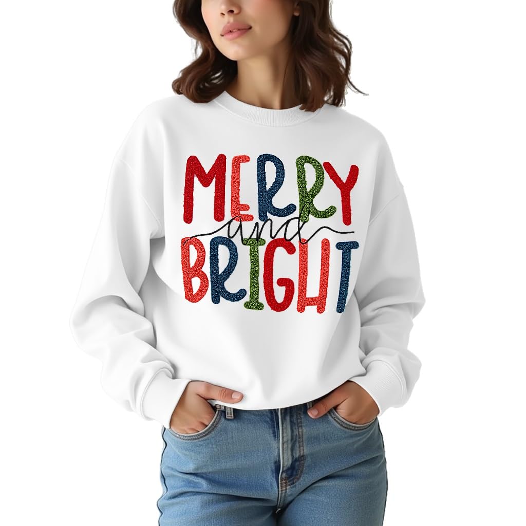 MODNTOGA Merry and Bright Sudadera de cuello redondo para mujer, suéter de Feliz Navidad, con parche retro con purpurina, camiseta de Feliz Navidad