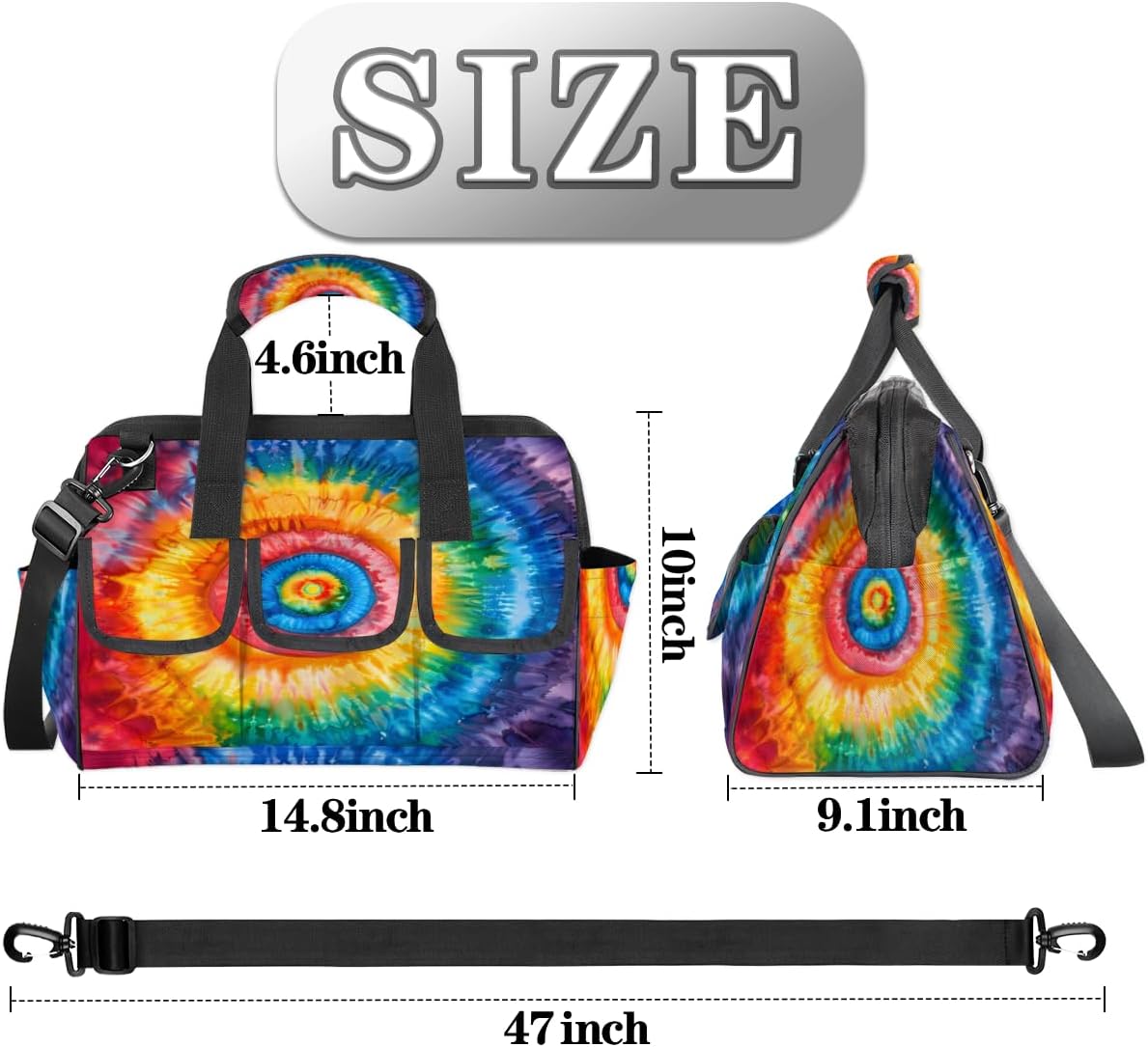 Tie Dye Rainbow Retro Heavy Duty Tool Bag for Men Garden Engineer Electrician Carpenter Sturdy Portable Tool Box Organizer Storage with Handle Pockets Strap 15 Inch