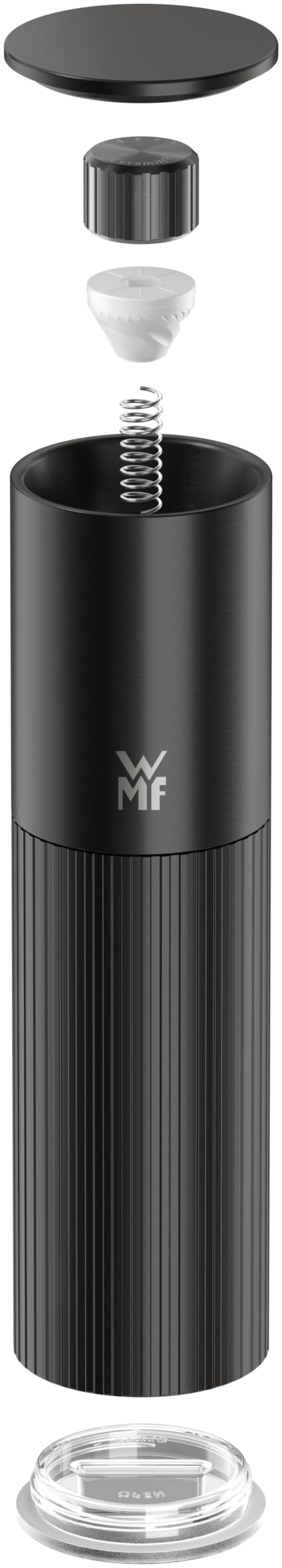 WMF Signature 0604046030 młynek do przypraw, ceramiczny mechanizm mielący, regulowany stopień mielenia, łatwe napełnianie, młynek do soli, pieprzu, magnetyczna pokrywka chroniąca aromat, czarny