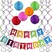 Famoby Colorful Happy Birthday Banner with 6 Pcs Colorful Honeycomb Poms Hanging Swirl for Fiesta Party Mexican Carnival Kids Family Birthday Party Decorations