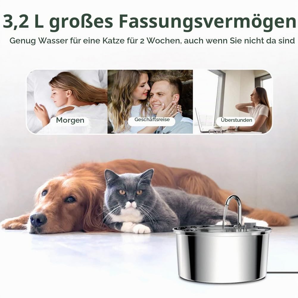 Der antibakterielle Trinkbrunnen mit Filtration, Hundewasserschale, 3.2 l Pawdrate Hunde-Wasserbrunnen mit Filter, Edelstahl Hundebrunnen, für Hunde und Katze (A, 3.2L)