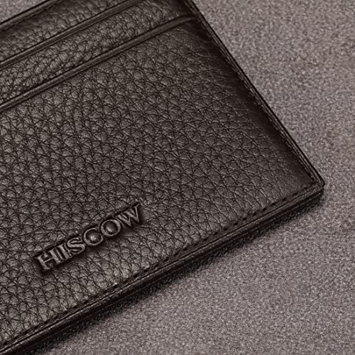 Image of HISCOW Slim Full Grain Leather Card Holder with ID Window, Pebbled Coffee | Men's minimalist EDC wallet, front pocket carry, 2 credit card slots & center pocket, fits folded bills, premium gift box