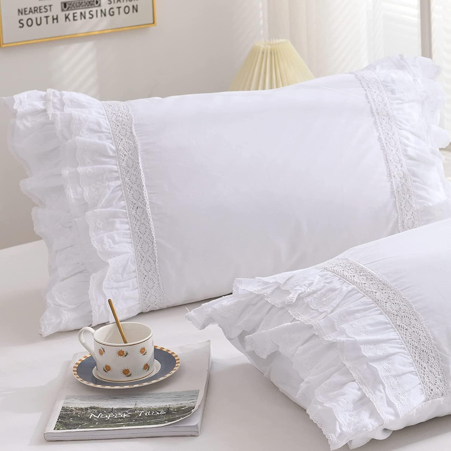 Queen’s House White Embroidery Lace Pillow Cases Cotton Vintage Ruffled Pillow Shams Standard Size Set of 2