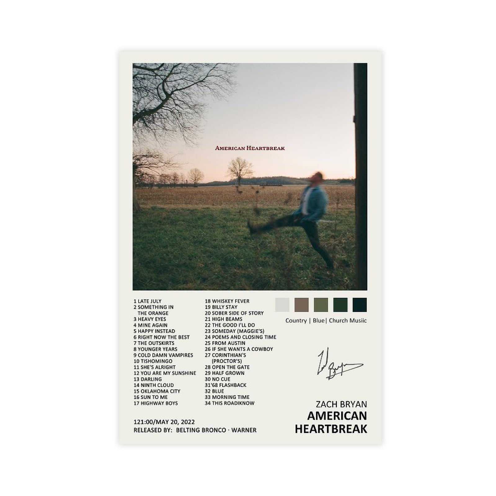 YTGMO Zach Bryan American Heartbreak Music Album Cover Signed Limited Poster Canvas Poster Wall Art Decor Print Picture Paintings for Living Room Bedroom Decoration Unframe:16x24inch(40x60cm)