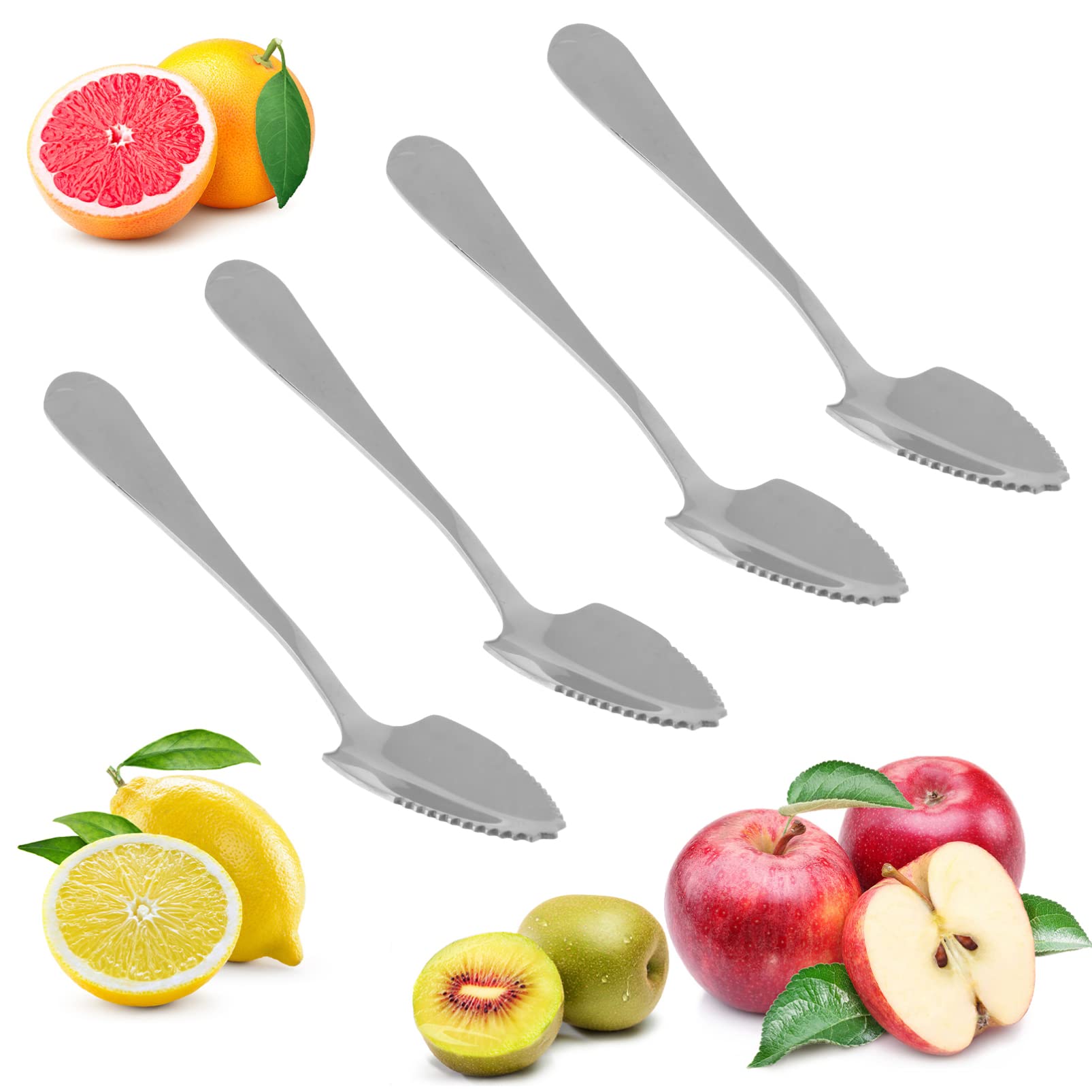 HOMSFOU 4 Stück Edelstahl Fruchtlöffel mit Gezackter Kante und Langem Griff für Grapefruit und Frisches Obst Weißer Griff für Babys Geeignet