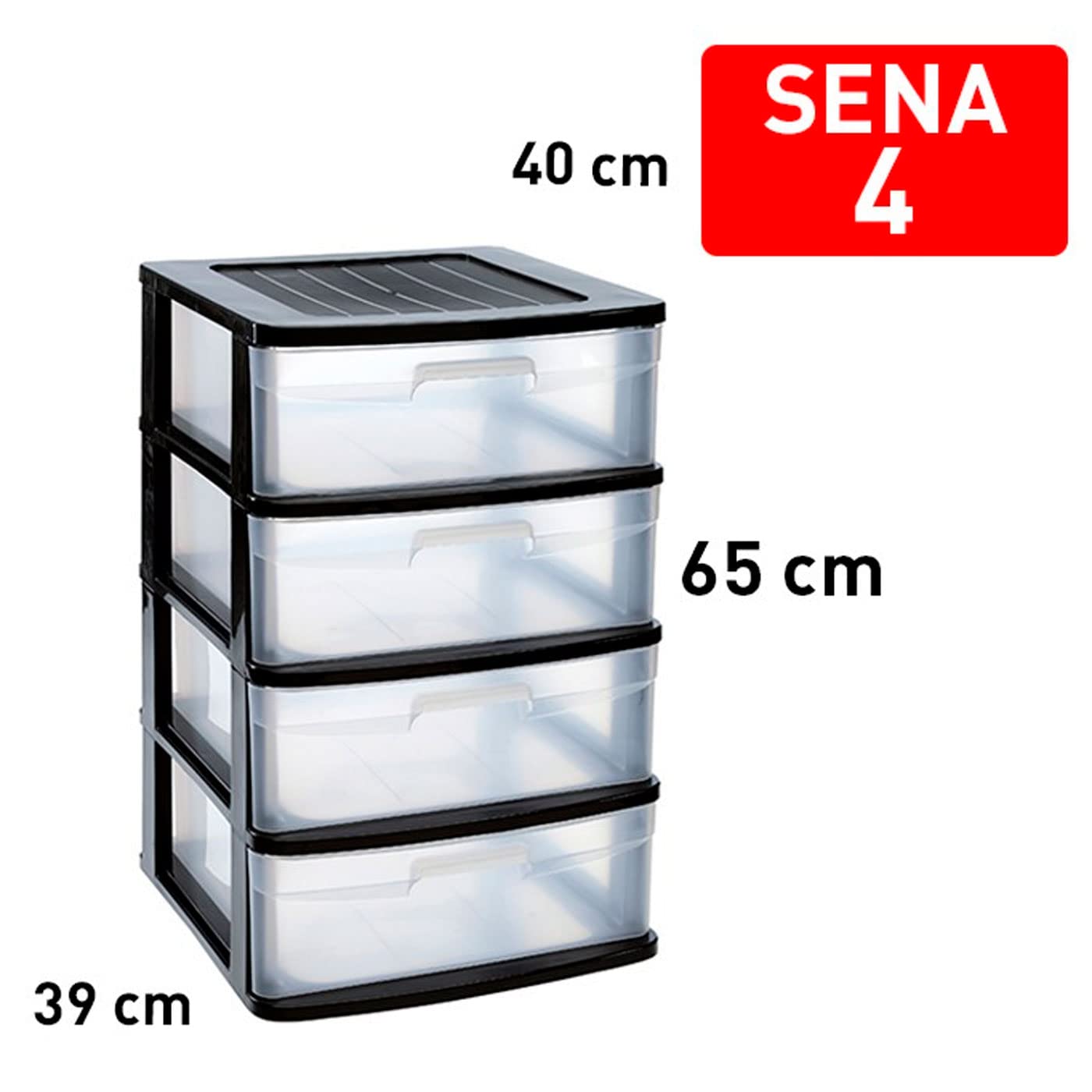 Acan Tradineur - Cassettiera Sena, 4 cassetti trasparenti, plastica, torre di ordinazione multiuso, casa, 65 x 40 x 39 cm, nero