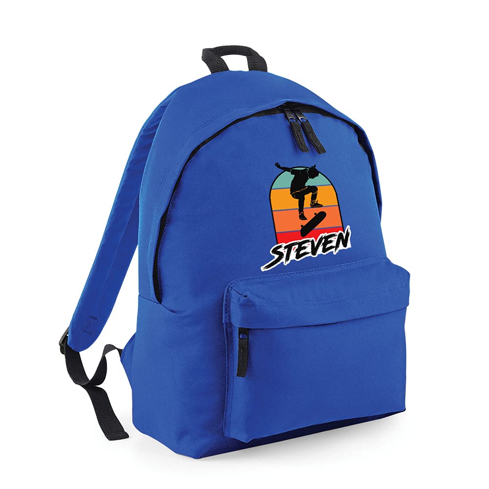 Getagift Personalised ANY NAME Skateboarding, Silhouette Skater, Skateboarder Gift for Unisex Kids Boys/Girls/Toddler/Children, Fashion Backpack for Nursery, Rucksack Shoulder Bag. (Bright Royal)