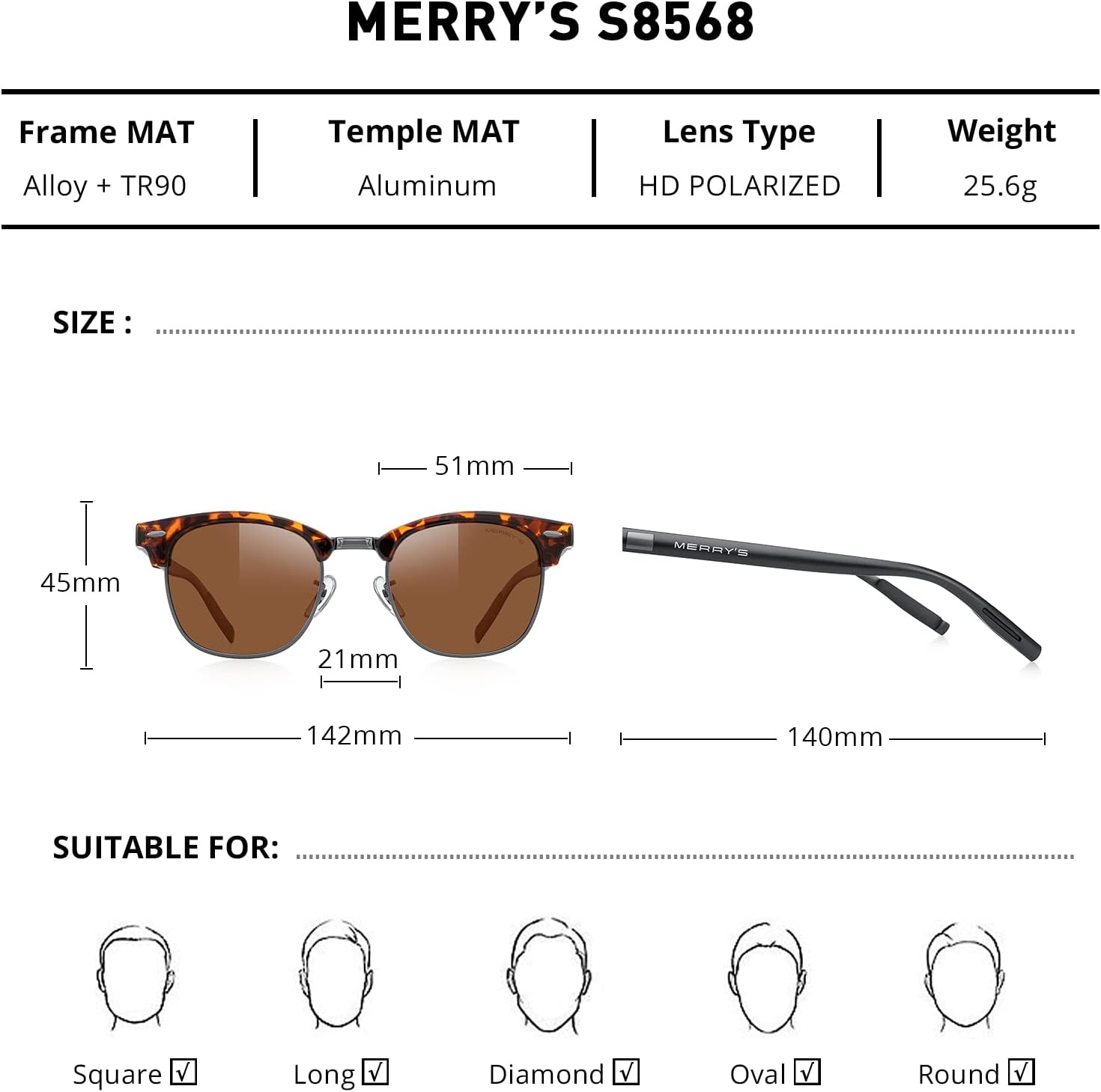 MERRY'S Unisex Polarized Aluminum Sunglasses for Men Women Semi Rimless Retro Brand Driving Sun Glasses - Image 2