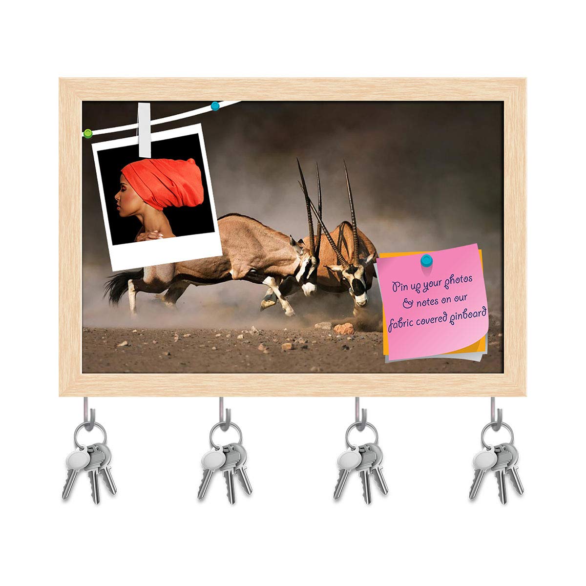ArtzFolio Intense Fight Between Two Male Gemsbok in Etosha Key Holder Hooks | Notice Pin Board Soft Board | Natural Brown Frame 14.9 x 10 Inch