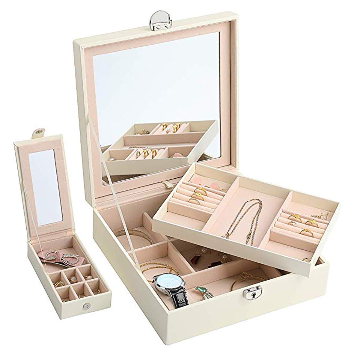 PU Jewelry Box with Portable Travel Jewelry Case 2 Layer Jewelry Display Organizer with Large Movable Mirror Versatile Storage Case for Jewelry Rings Watches Sunglasses