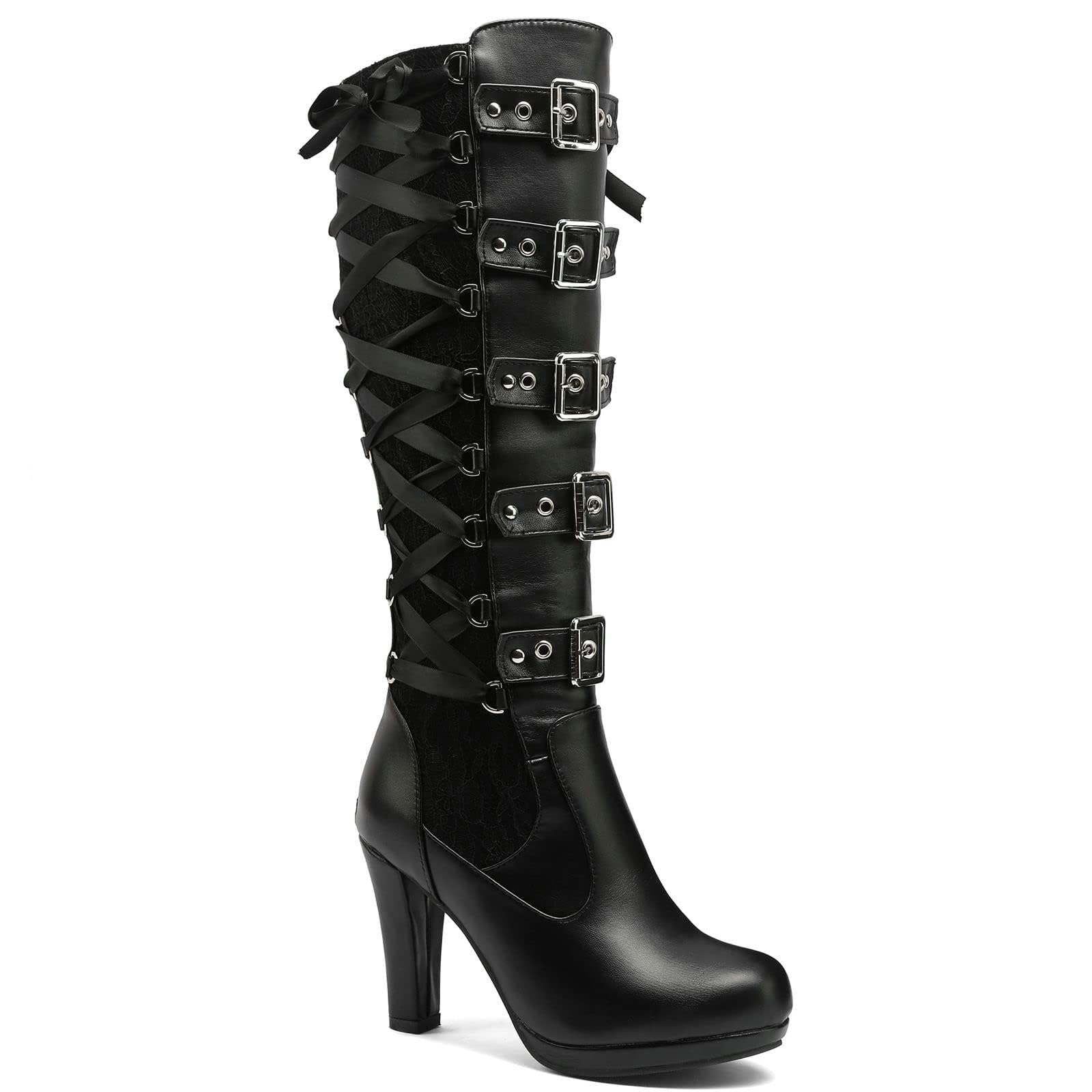 Women Lace Goth Knee High Boots Buckle Block Heel Lace Up Knee Boots Punk Platform Back Zipper Riding Combat Bootie: Black 5