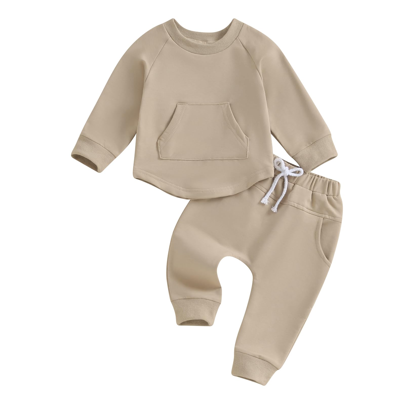 Snowchic Kids’ Autumn Winter Casual Set Long Sleeve Tops White Drawstring Elastic Waist Loose Pants 2 Pieces Set (Khaki, 18-24 Months)