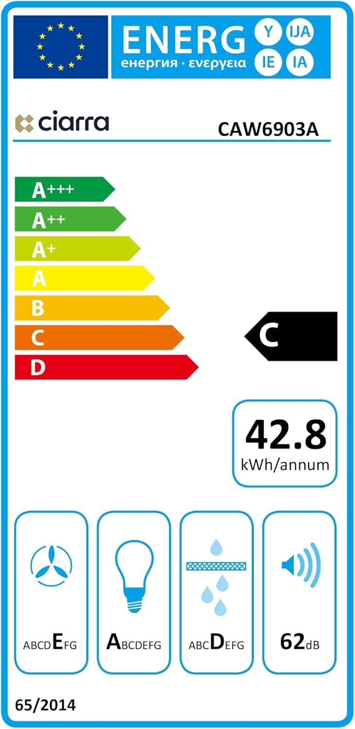 CIARRA CAW6903A Cappa Aspirante 60 cm Sottopensile Cappa da Cucina con Pannello Argento LED Montaggio a Parete con Ventola Estrattore