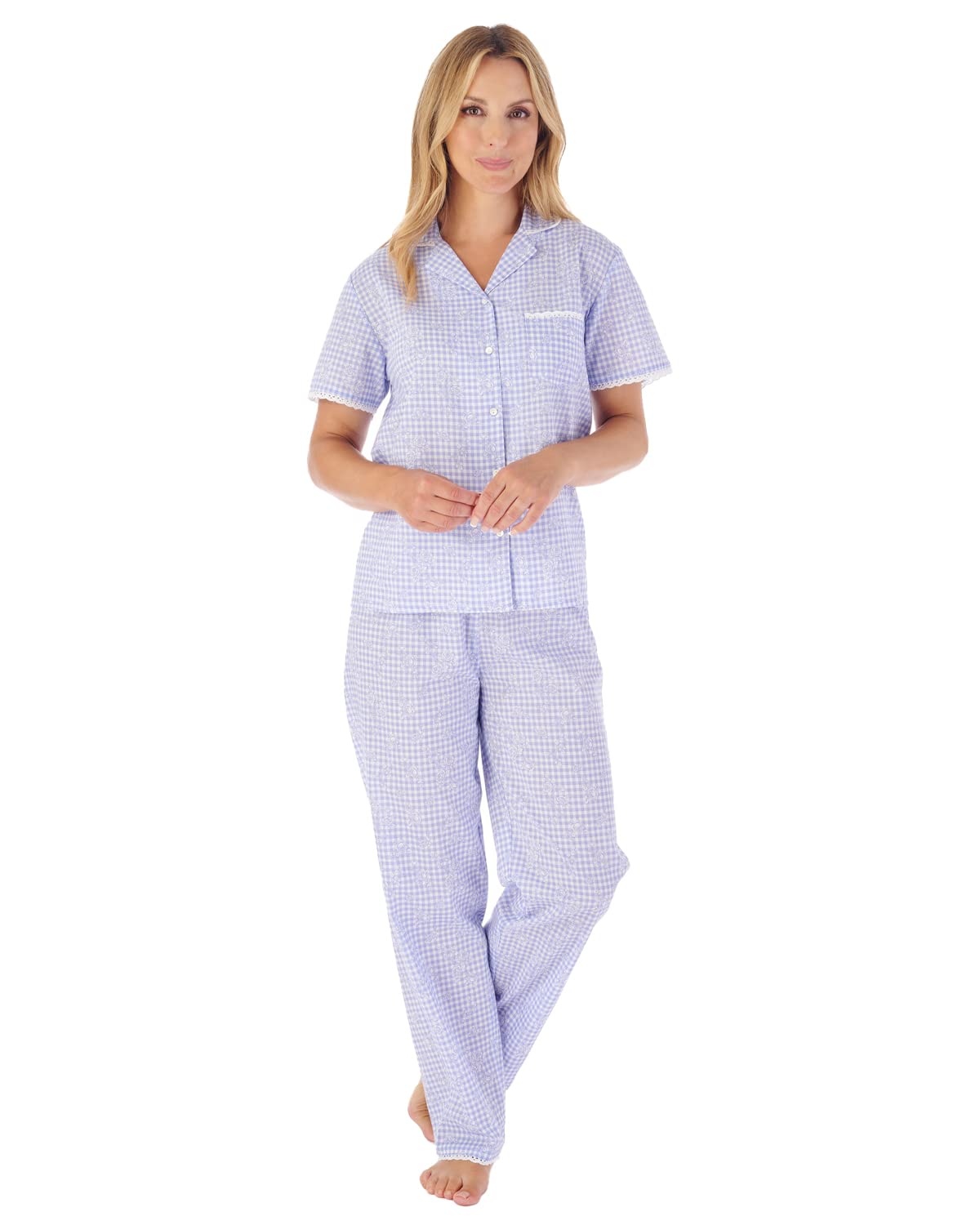 Slenderella Gingham & Floral Cotton Pyjamas Ladies Button Up Top Trouser Bottoms PJs UK 20/22 (Blue)