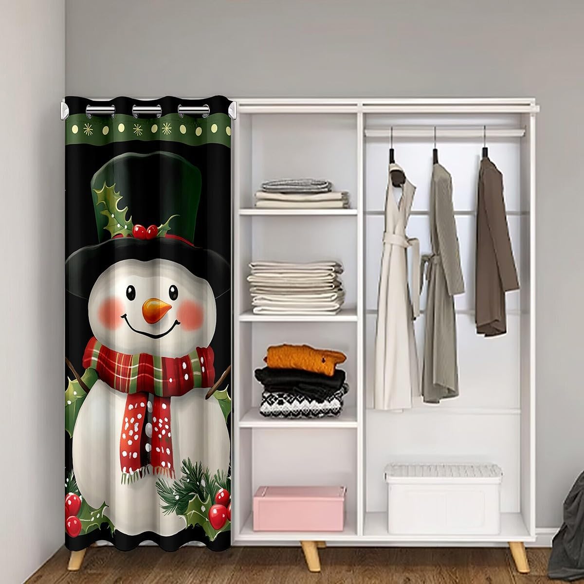 Cute Snowman Door Curtain Watercolor Green Holly Leaves Red Winterberry Doorway Curtain Privacy for Kids Boys Girls Teens Retro Grid Rustic Christmas Curtain Drape for Bedroom Door Window 60"W X 80"L