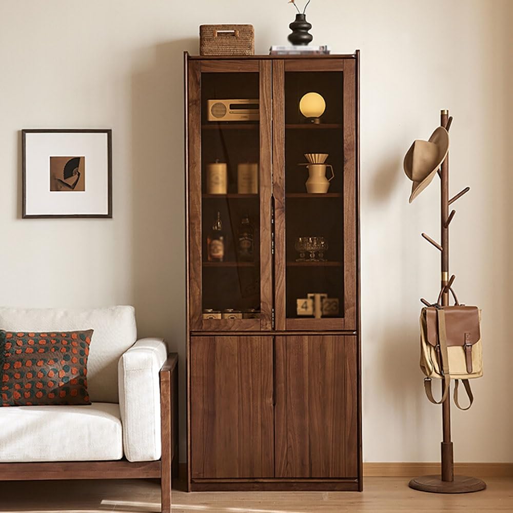 Gabinete de Bar de Vinos Industrial Vitrina de 200cm Altura Madera Maciza, Mueble Almacén Nogal-Cristal para Estudio, Dormitorio y Salón
