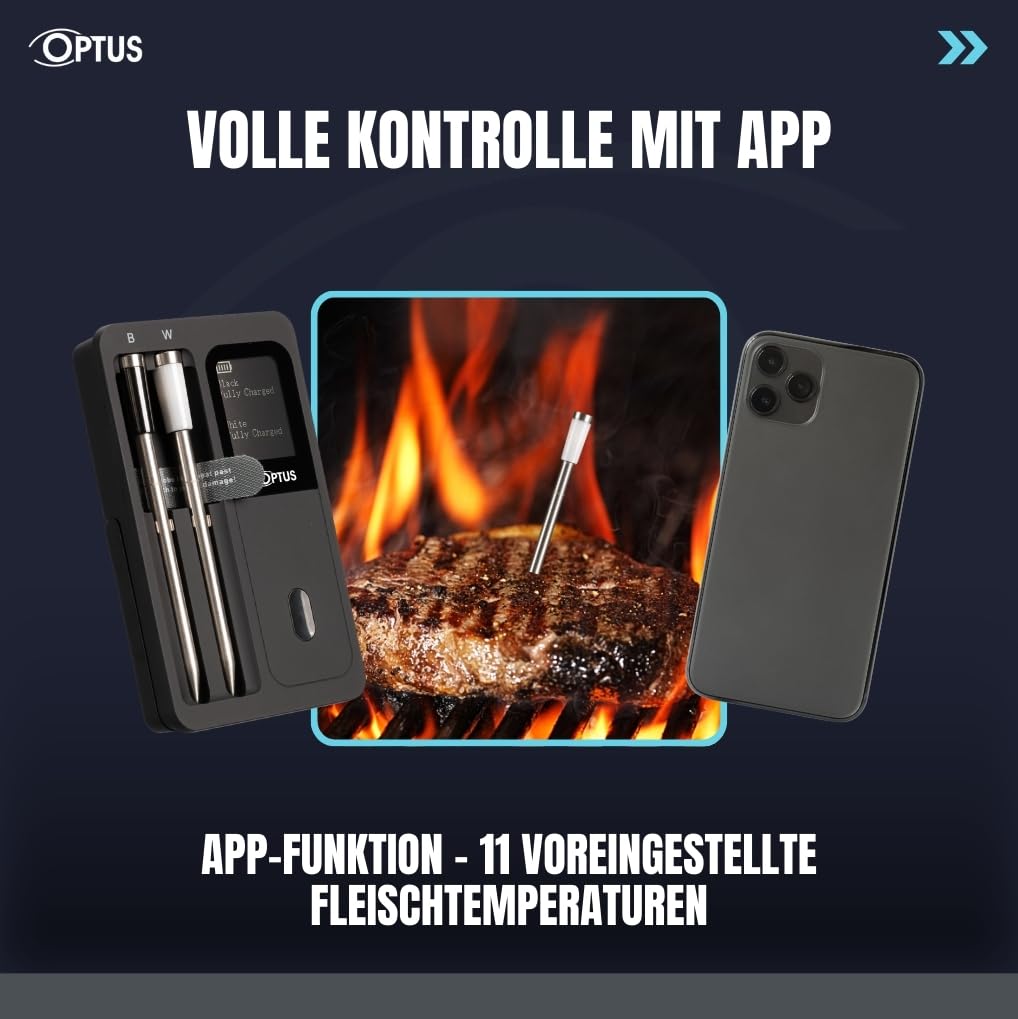 Optus Termometro Bluetooth per barbecue con 2 sonde wireless, controllo app, display IP67, allarme di temperatura, portata 60 m