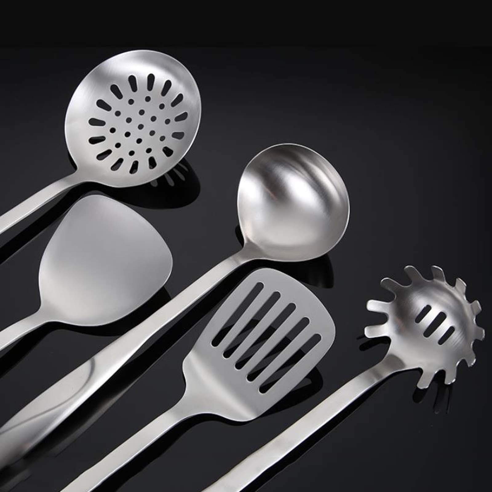 Juego de utensilios de cocina de acero inoxidable, 6 piezas, resistentes al calor, antiadherentes, con soporte, incluye cucharón largo y cucharas para cocinar de forma versátil