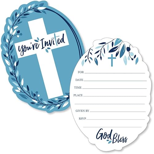 Miniatura 1 de Blue Elegant - Invitaciones de relleno en forma de cruz, tarjetas de invitación para fiestas religiosas con sobres, juego de 12