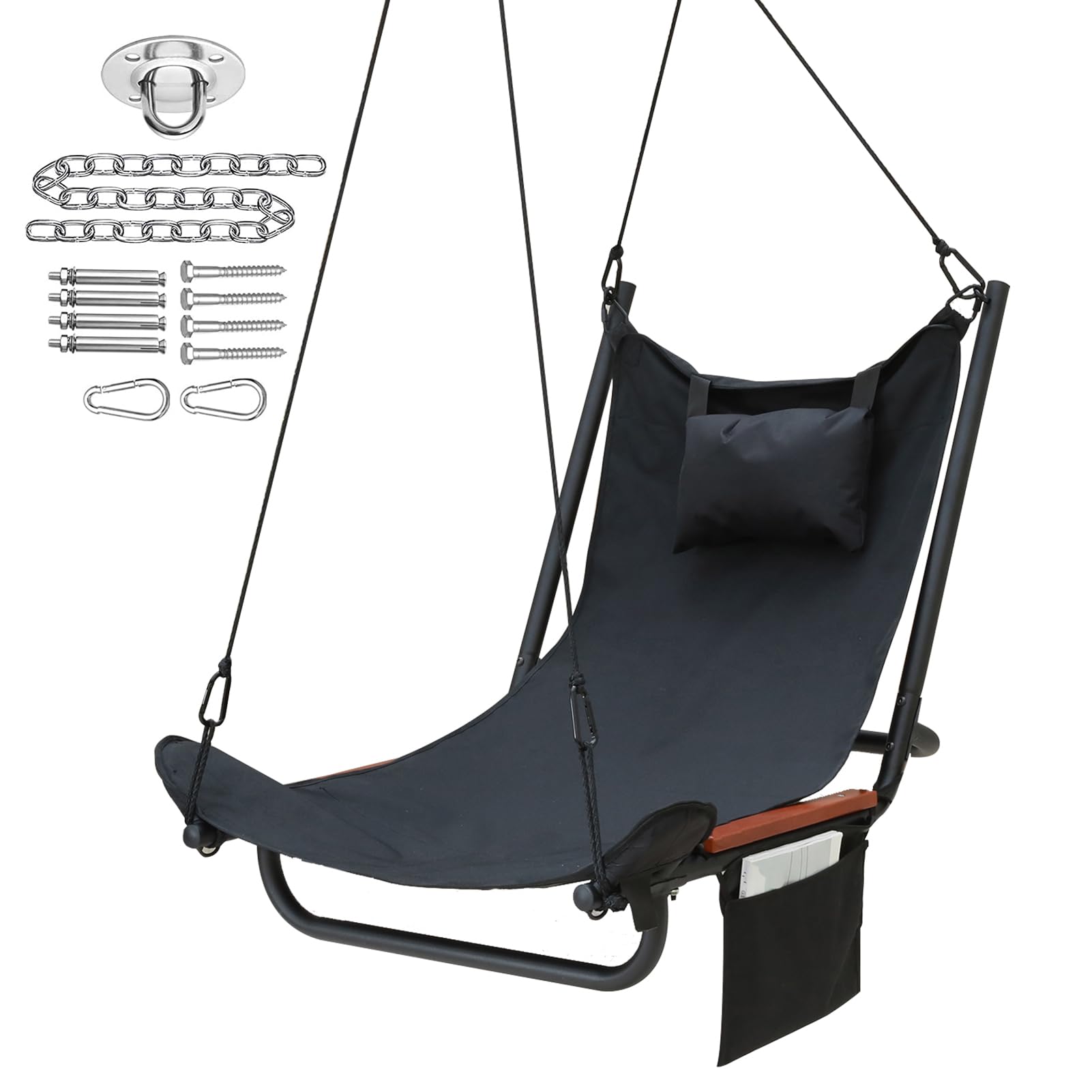Leize Hammock Chair with footrest, Hammock Chair and Metal Bracket, Outdoor Hammock Chair with Side Pocket, Support Pillow, Maximum Capacity of 300lbs, Black (2024 New)…