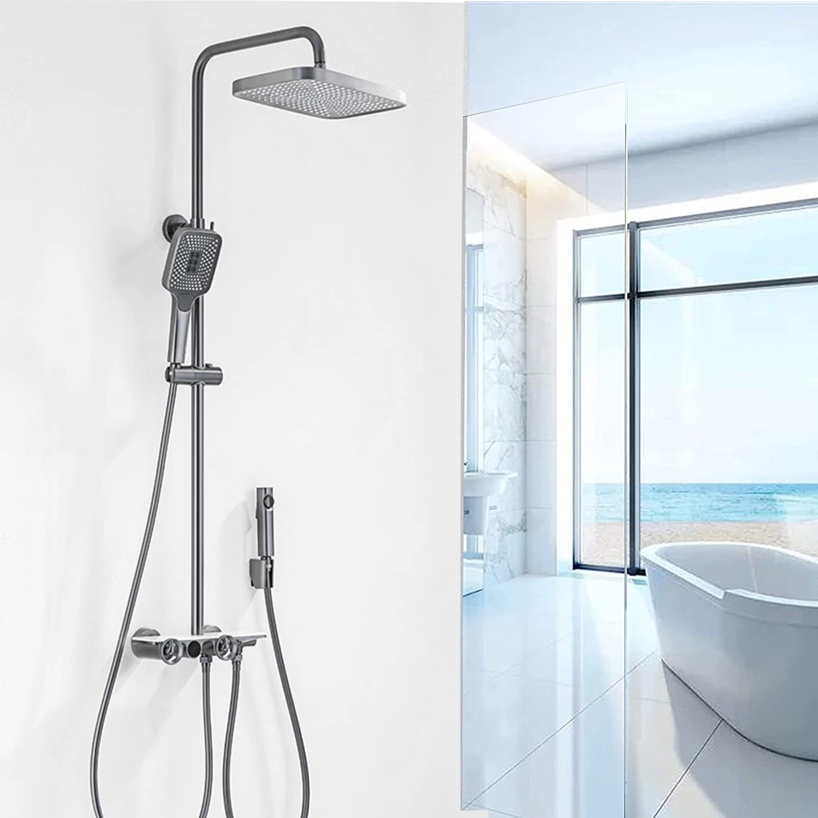 Set Rubinetto Doccia termostatico, 4 funzioni con Display Digitale, doccetta a 3 modalità, spruzzatore per Bidet, mensola per Vasca, Montaggio a Parete