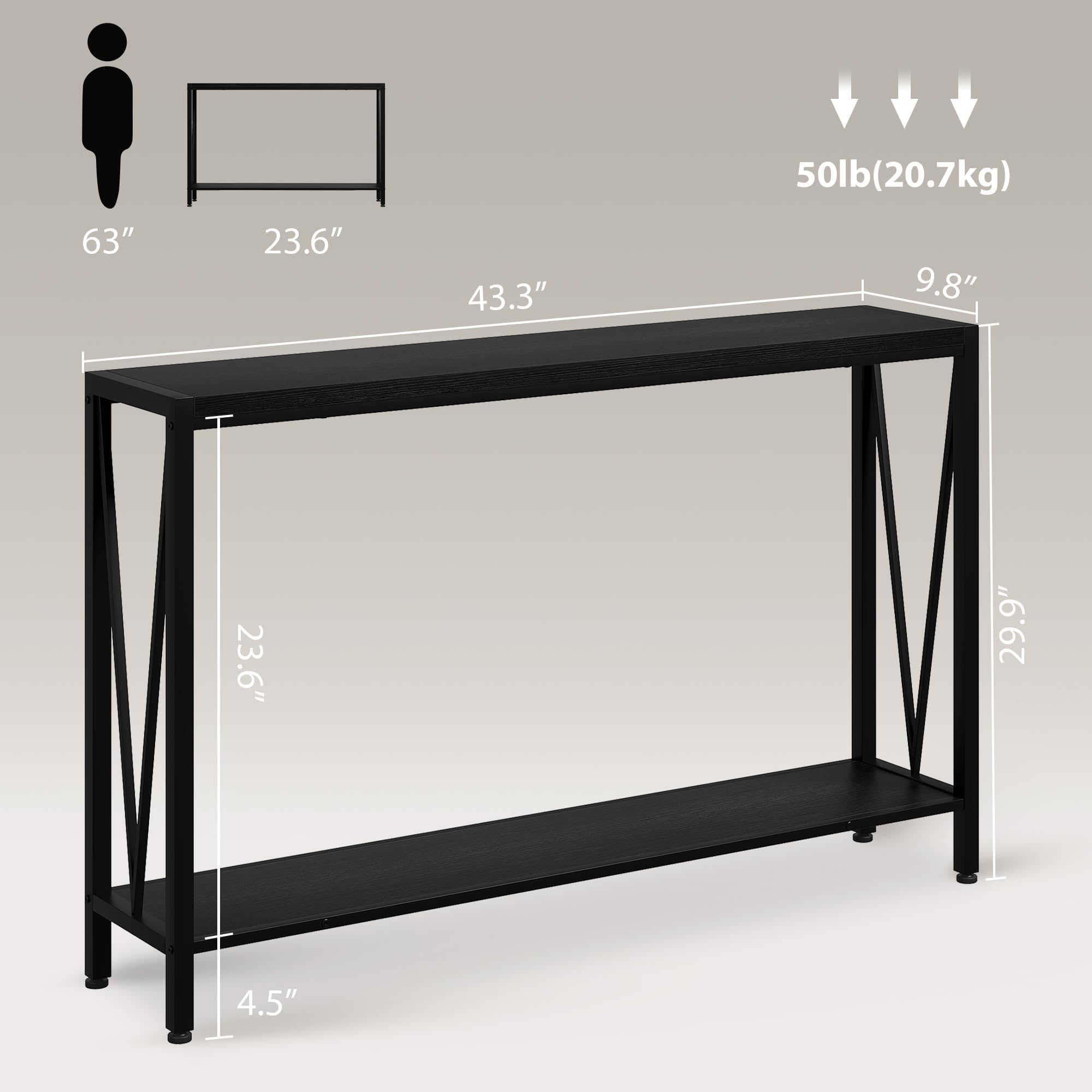 Garvee Tavolo Console Industriale, 110 cm a 2 Livelli con Ripiano, Stretto per Ingresso, Soggiorno, Ingresso - Nero